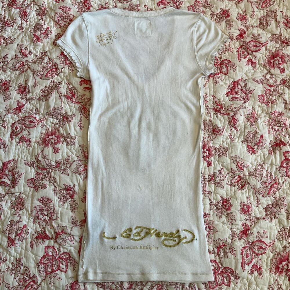 2000s Y2K Ed Hardy Gold Embroidered Tiger V neck long White and Cream cute top - Picture 4 of 6